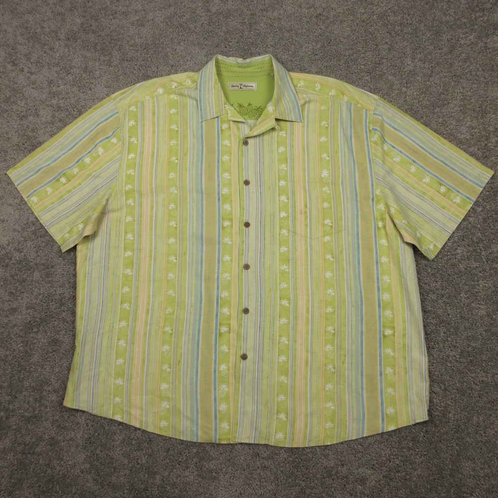 Tommy Bahama Shirt Mens 2XB Green Striped Silk Loop Camp Collar Beach Vacation